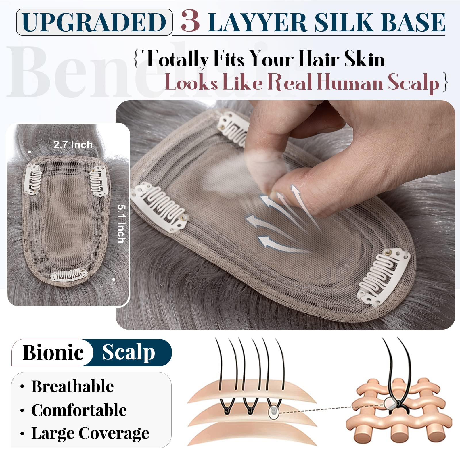 Benehair Clip in Hair Topper with Bangs - 100% Human Hair Top Hairpiece for Women with Thinning Hair | 10 Inch 33g Grey Wiglet | Natural Fringe Bang Replacement | Perfect for Daily Wear, Special Occasions & Hair Loss Solutions