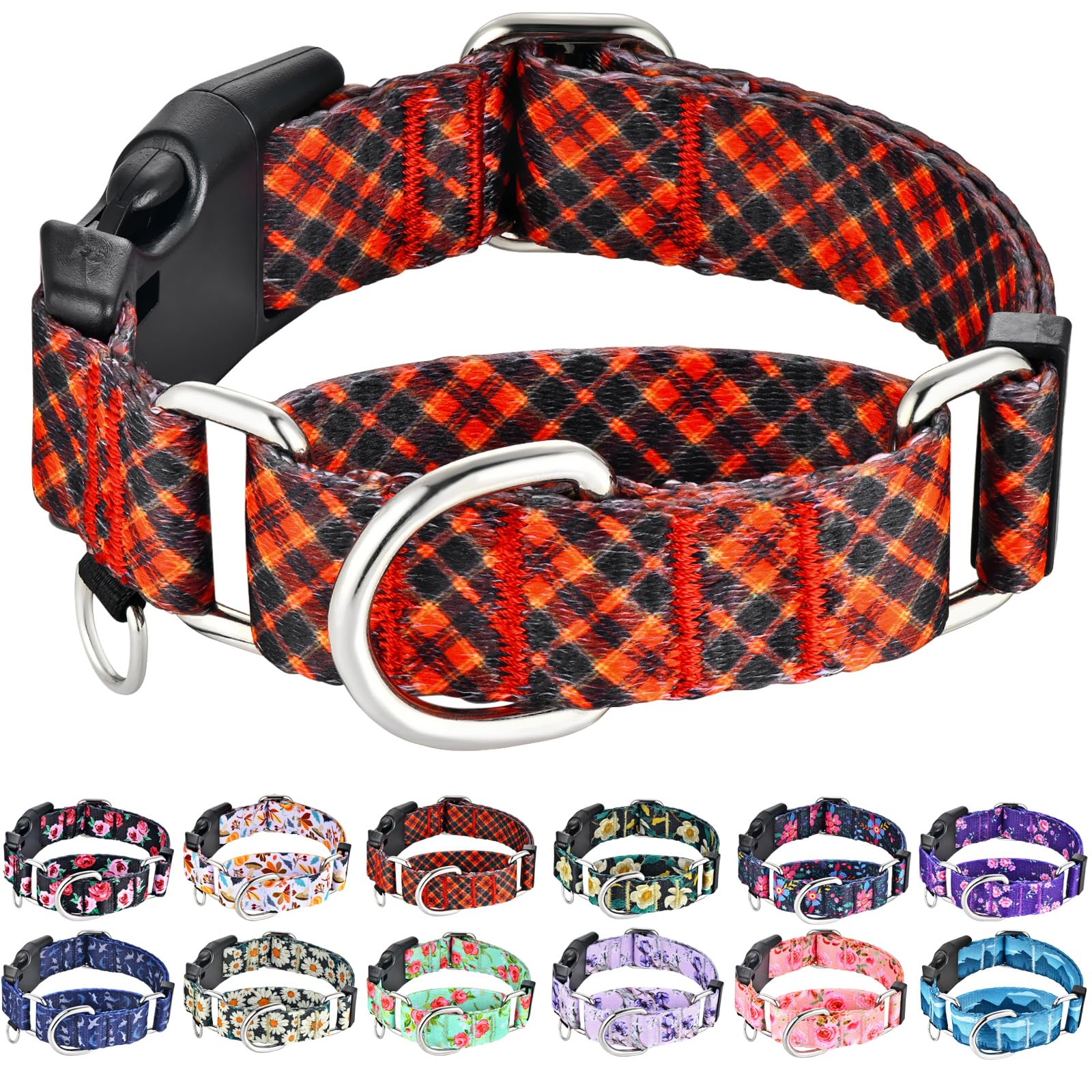 Christmas Plaid Dog Collar - Adjustable Soft Nylon Martingale Collar for Small Dogs (Red, for Walks & Training)