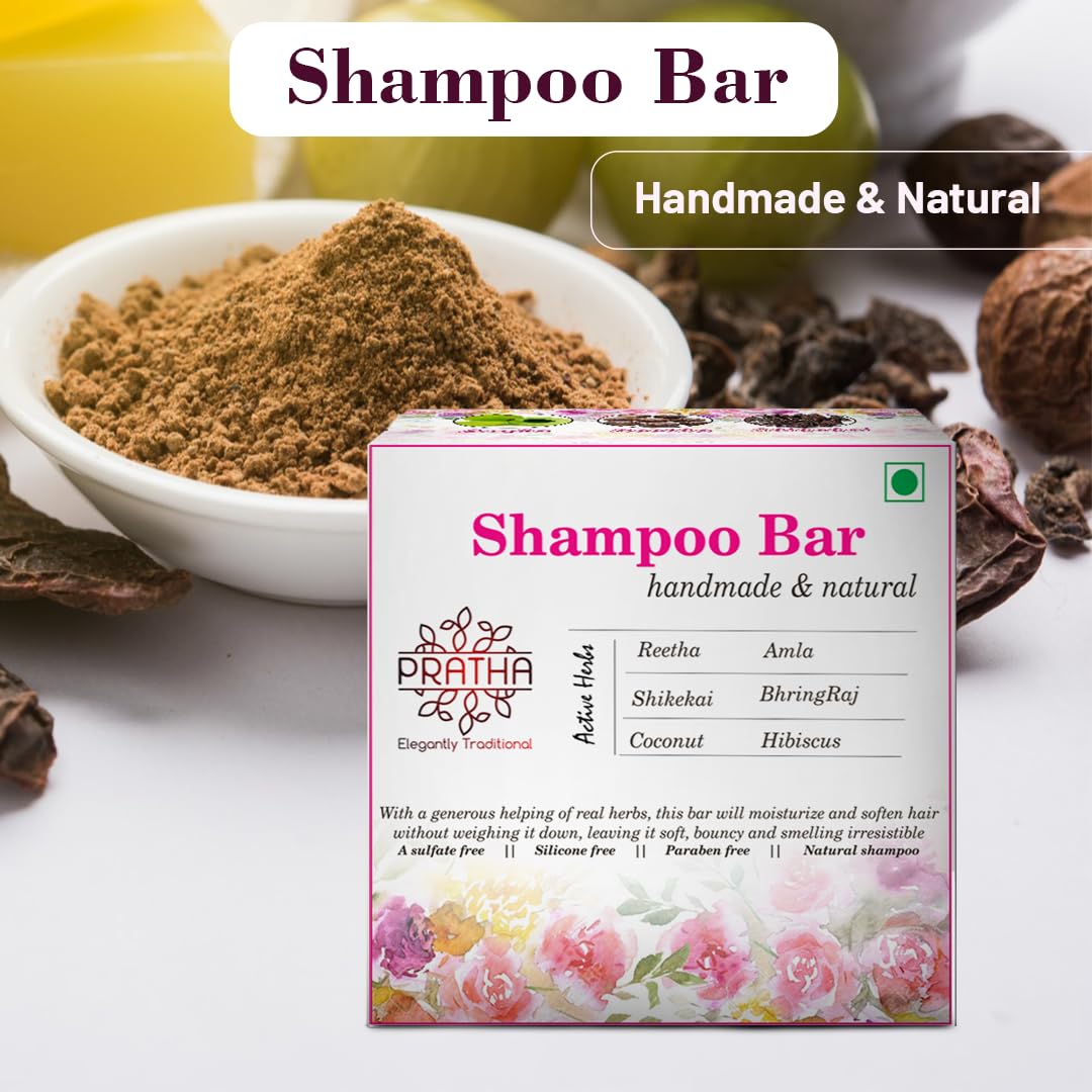 Pratha Natural Shampoo Bar with Shikakai, Reetha, Amla & Bhringraj - Coconut Milk & Hibiscus Infused (100g) | Sulfate-Free, Vegan Hair Cleanser for Dry, Damaged Hair | Perfect for Travel & Eco-Friendly Bathroom