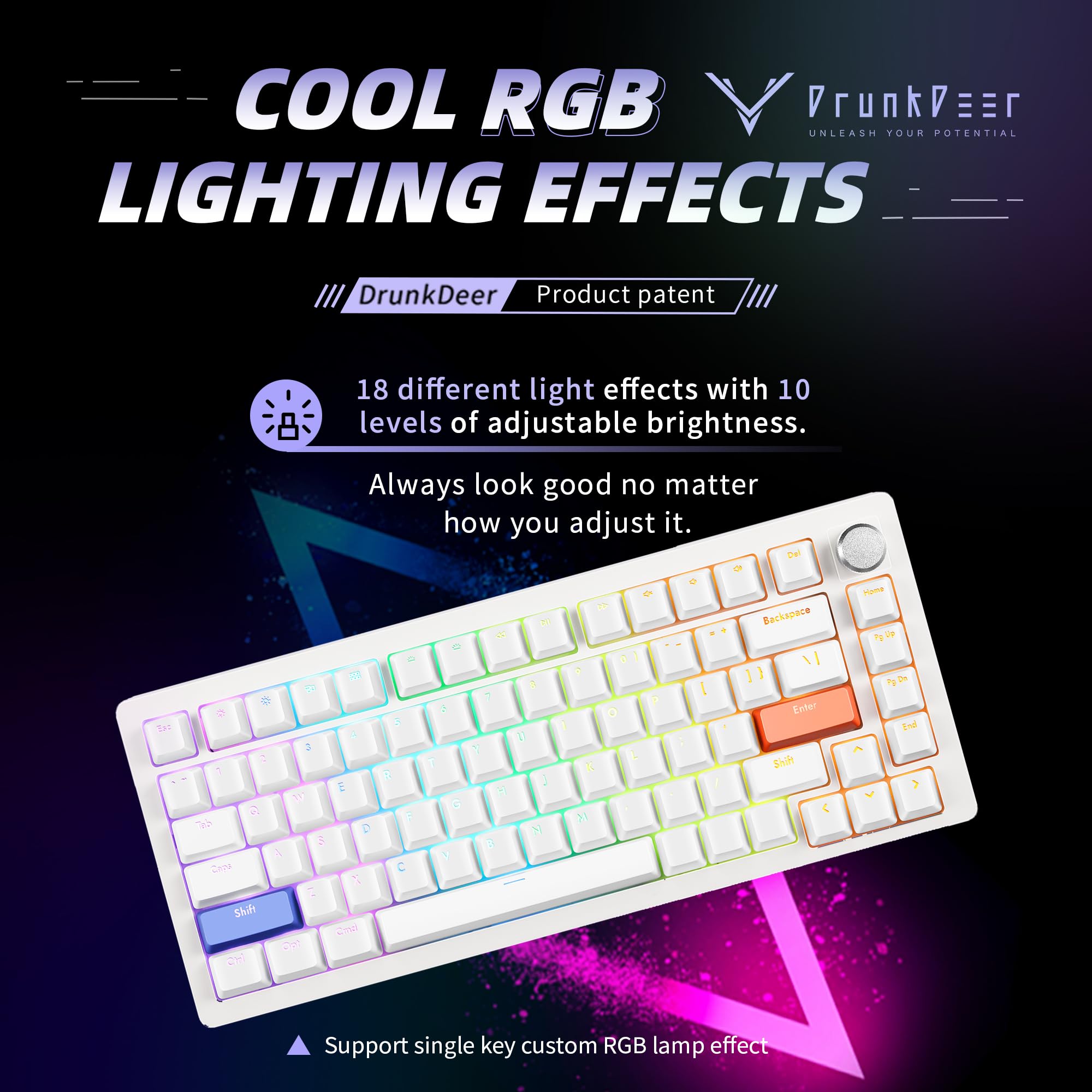 DrunkDeer A75 Rapid Trigger Mechanical Gaming Keyboard - Magnetic Switch, TKL 82 Keys, RGB Backlit, Wired USB, Compact Design with Volume Knob - Perfect for FPS, MOBA & Typing Enthusiasts
