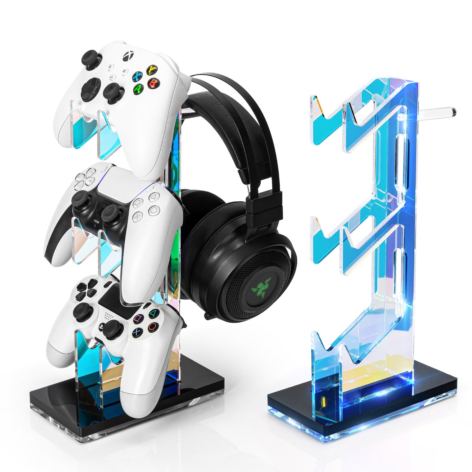OAPRIRE 3-Tier Acrylic Gaming Controller Stand with LED Lights - Universal Headset Holder for PS5, PS4, Nintendo Switch & PC Accessories (Black) | Perfect for Gaming Setup & Desk Organization