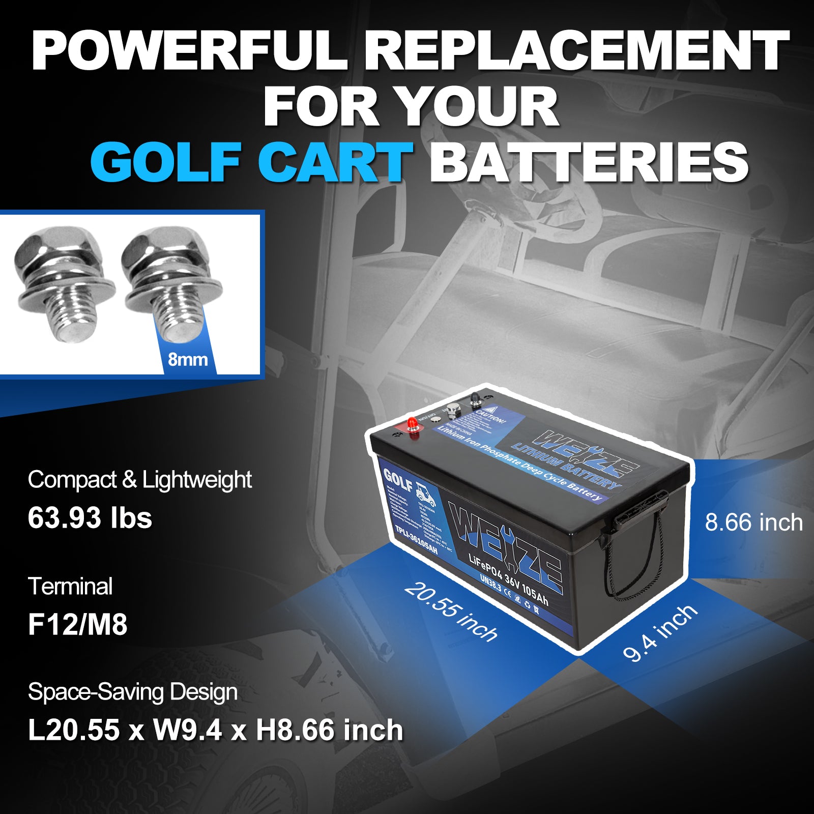38.4V 105Ah LiFePO4 Deep Cycle Golf Cart Battery with Bluetooth - 4032Wh Lithium Iron Phosphate Battery for Golf Carts, Electric Vehicles & Solar Power Storage - Long Lasting & High Performance