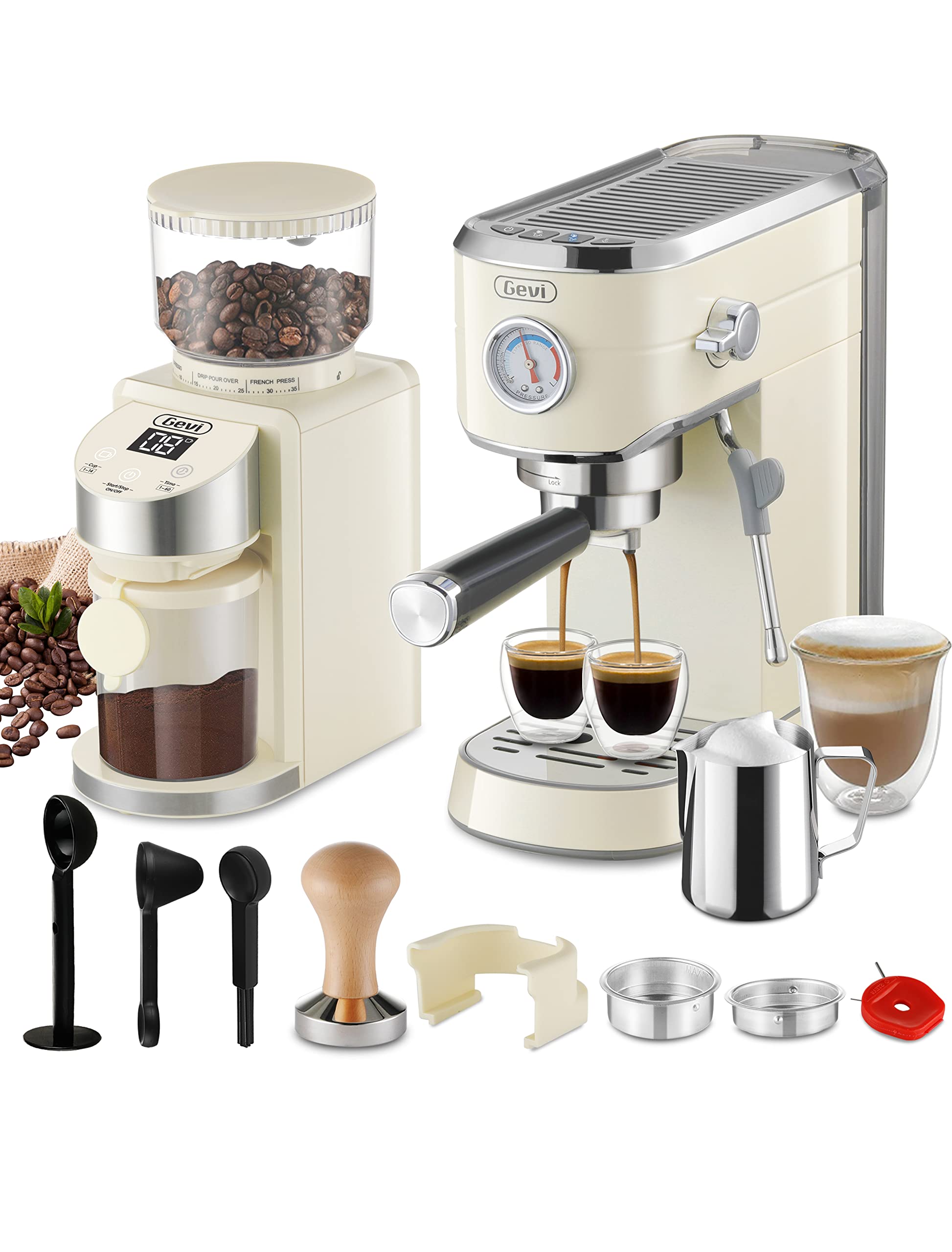 Gevi 20 Bar Professional Espresso Machine with Milk Frother & Coffee Grinder - Compact Coffee Maker for Espresso, Latte, Cappuccino - 35 Precise Grind Settings - Perfect for Home, Office & Cafe Use (Beige)