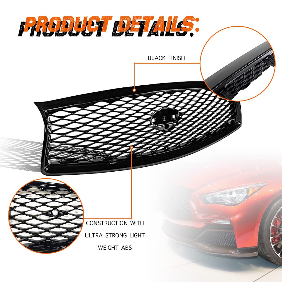 2014-2017 Infiniti Q50 Front Upper Bumper Grille Hood Cover - ABS Eau Rouge Style Glossy Black Replacement | Perfect for Car Customization & Performance Upgrade
