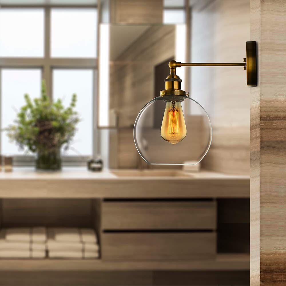 Industrial Single Light Glass Wall Sconce - LITFAD LED Edison Bulb Fixture with Antique Clear Glass Globe Shade for Bedroom, Living Room, Hallway & Restaurant Lighting Decor