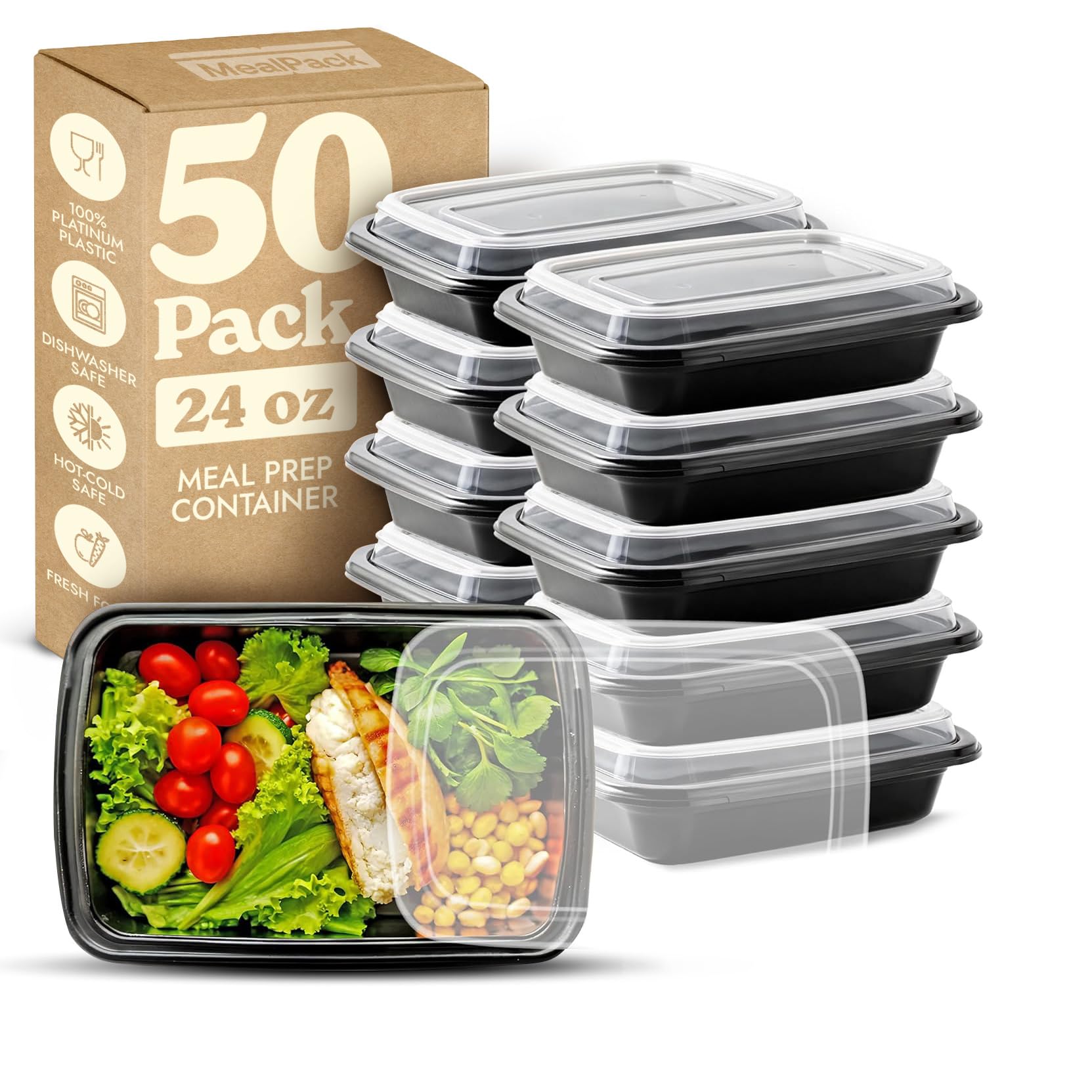 50 Pack Reusable Meal Prep Containers with Lids - 24 Oz Single Compartment Food Storage Containers for Meal Prepping, Leftovers & On-the-Go Lunches | BPA-Free, Microwave & Dishwasher Safe | Perfect for Office, School & Picnics