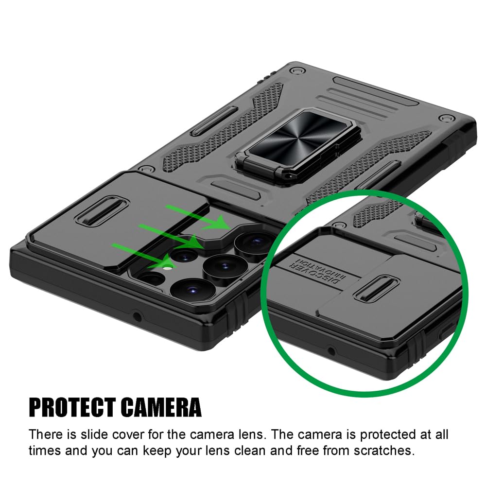 Shockproof Samsung Galaxy S24 Ultra Case with Sliding Camera Cover, Ring Holder & Kickstand - Includes Screen Protector for Galaxy S24 Ultra 5G (6.8 Inch, 2024 Model) - Perfect for Outdoor Activities, Travel & Daily Protection [Black]