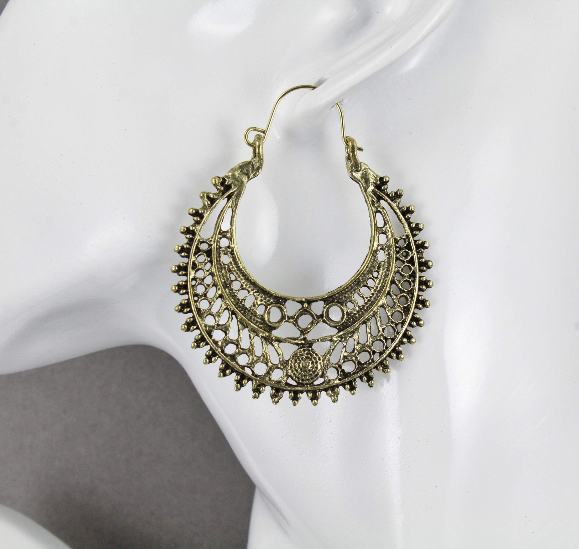 Antique Silver Gold Hoop Earrings with Filigree Medallion - 1 7/8