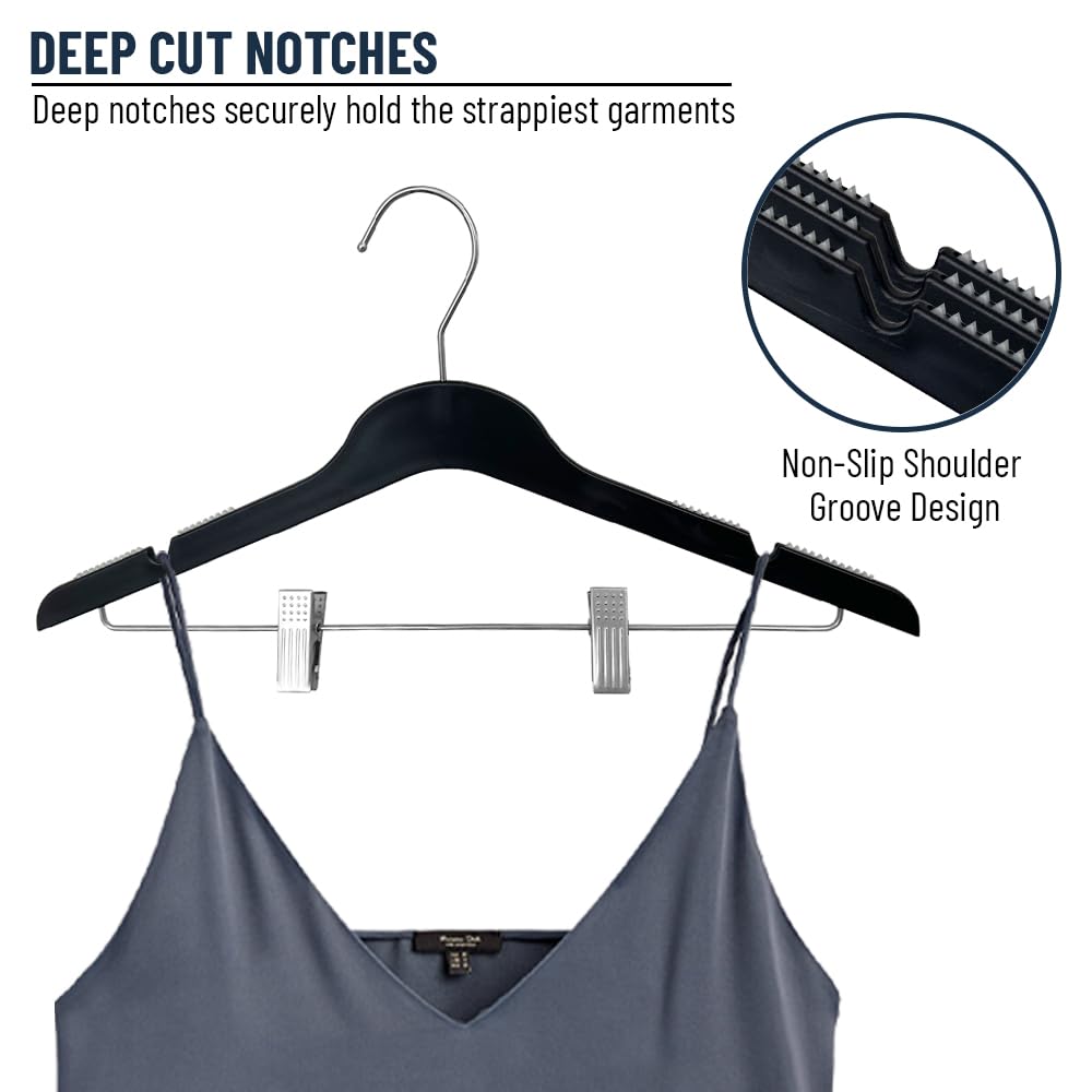 All Hung Up Slim Hangers with Clips - Space Saving Thin Clothes Hangers for Blouses, Shirts & Pants (Black, 100 Pack) - Perfect for Closet Organization & Small Spaces