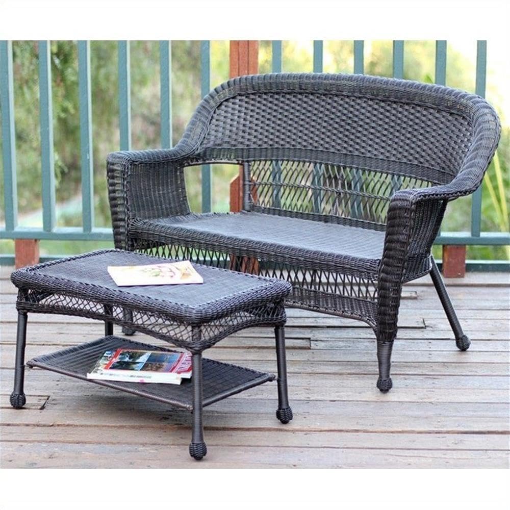 Jeco Espresso Wicker Patio Love Seat and Coffee Table Set - Outdoor Furniture for Garden, Deck, or Backyard - No Cushion Included - Weather-Resistant Rattan Sofa Set