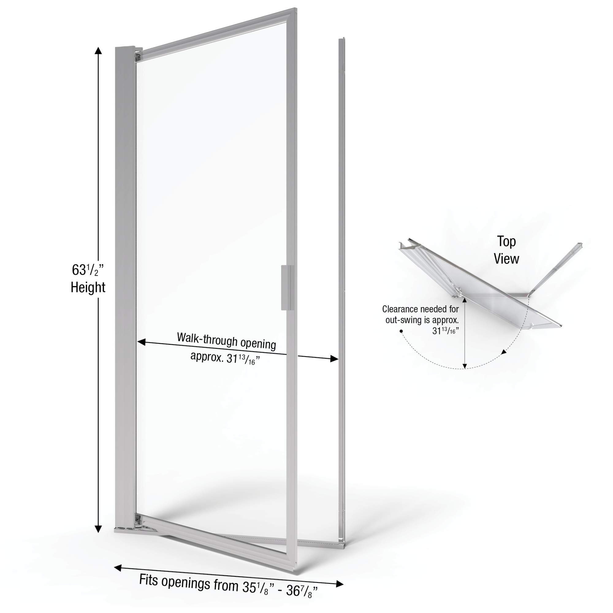 Basco Deluxe 35.125-36.875 Inch Frameless Glass Shower Door - Rain Glass Texture with Silver Finish for Modern Bathroom & Spa Style