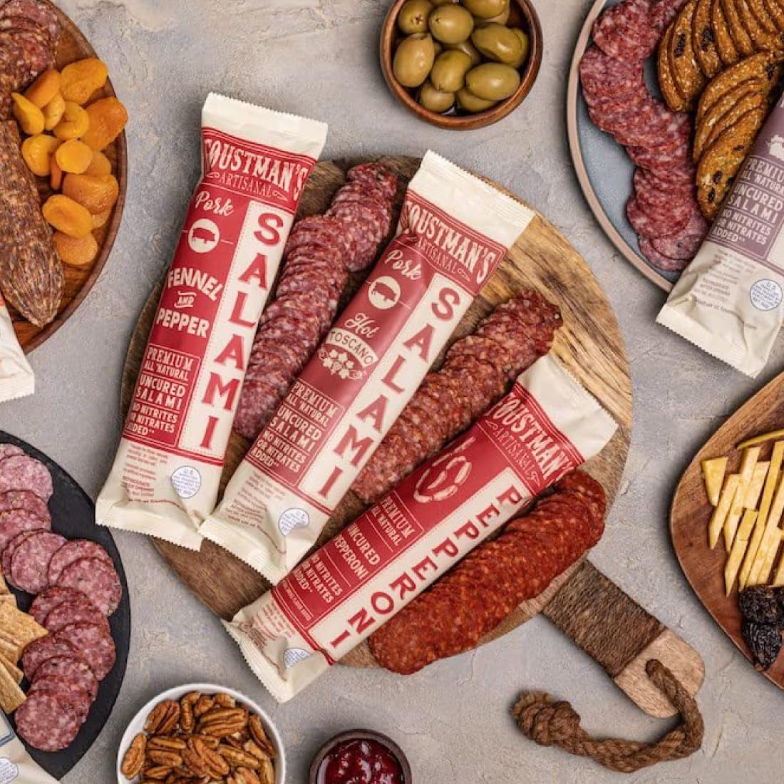 Foustman's Salami Variety Pack - 6 Nitrate-Free, Naturally Cured, Gluten-Free & Dairy-Free Sausages (San Francisco Style, Turkey Habanero, Spicy Beef, Lamb Garlic & Rosemary) 8oz Each - Perfect for Charcuterie Boards, Picnics & Keto Snacking