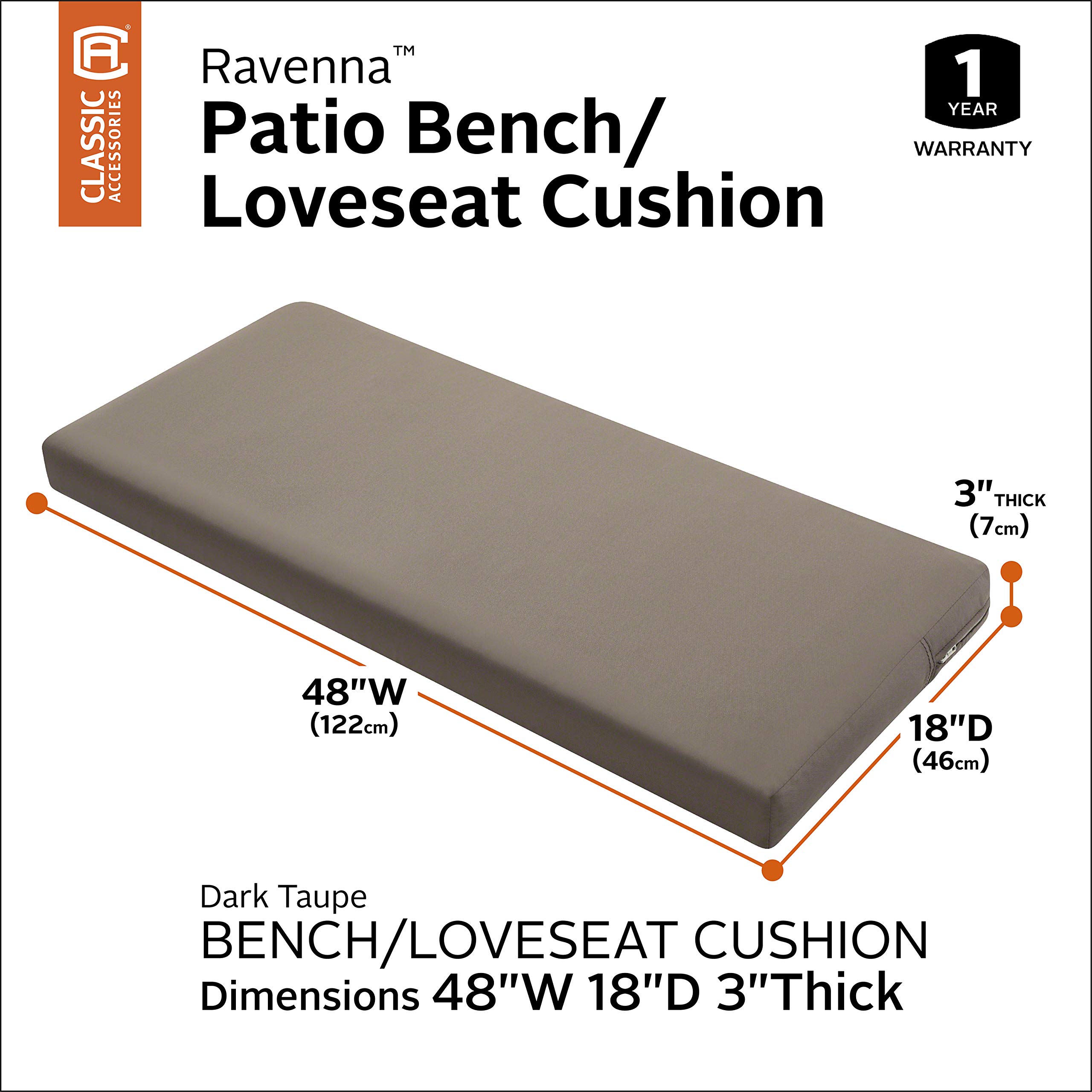 Classic Accessories Ravenna 48 x 18 x 3 Inch Water-Resistant Outdoor Bench Cushion - Dark Taupe Patio Furniture Cushion for Swing, Loveseat & Settee - Perfect for Garden, Deck & Backyard Relaxation