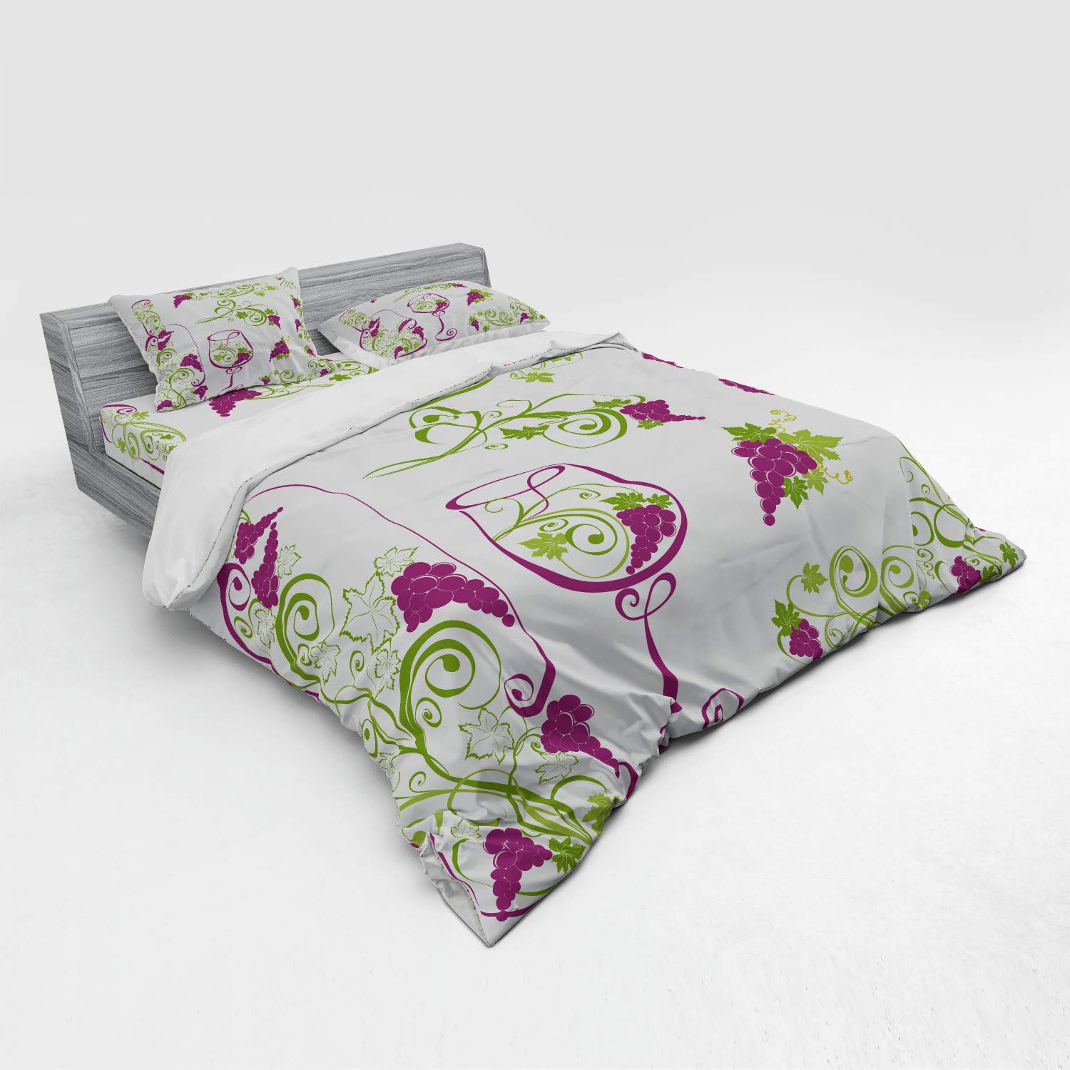 Ambesonne 4-Piece King Size Wine Themed Bedding Set - Purple, Lime Green & White Duvet Cover with Shams & Fitted Sheet, Grapevines & Swirled Branches Design for Elegant Bedroom Decor | Perfect for Wine Lovers, Guest Rooms & Master Bedrooms