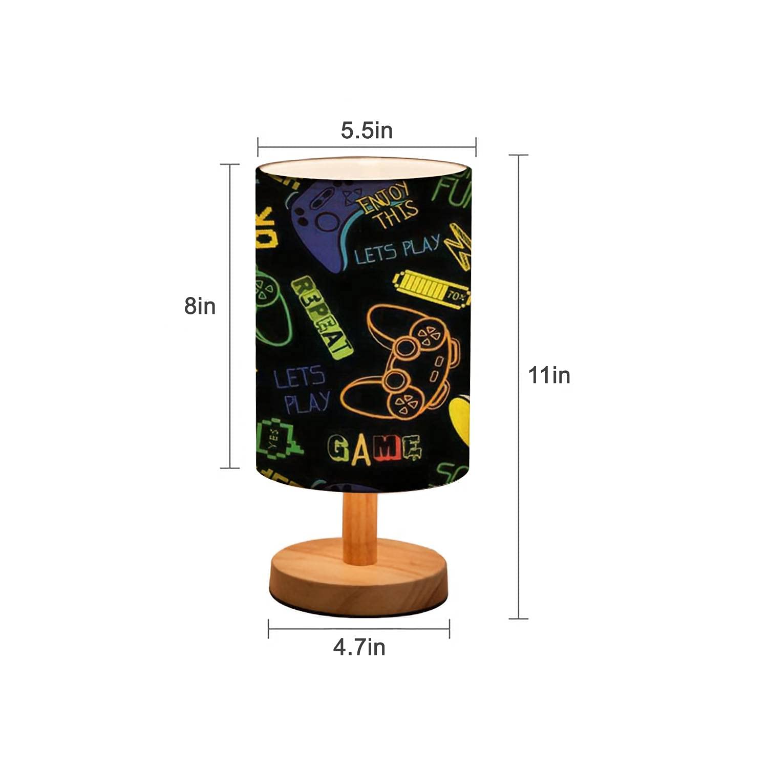 Minimalist Wooden Bedside Table Lamp with Flaxen Fabric Shade - Solid Wood Nightstand Lamp for Bedroom, Living Room, Gaming Room - Cool Joystick Print Design for Boys - Perfect for Reading, Gaming & Home Decor