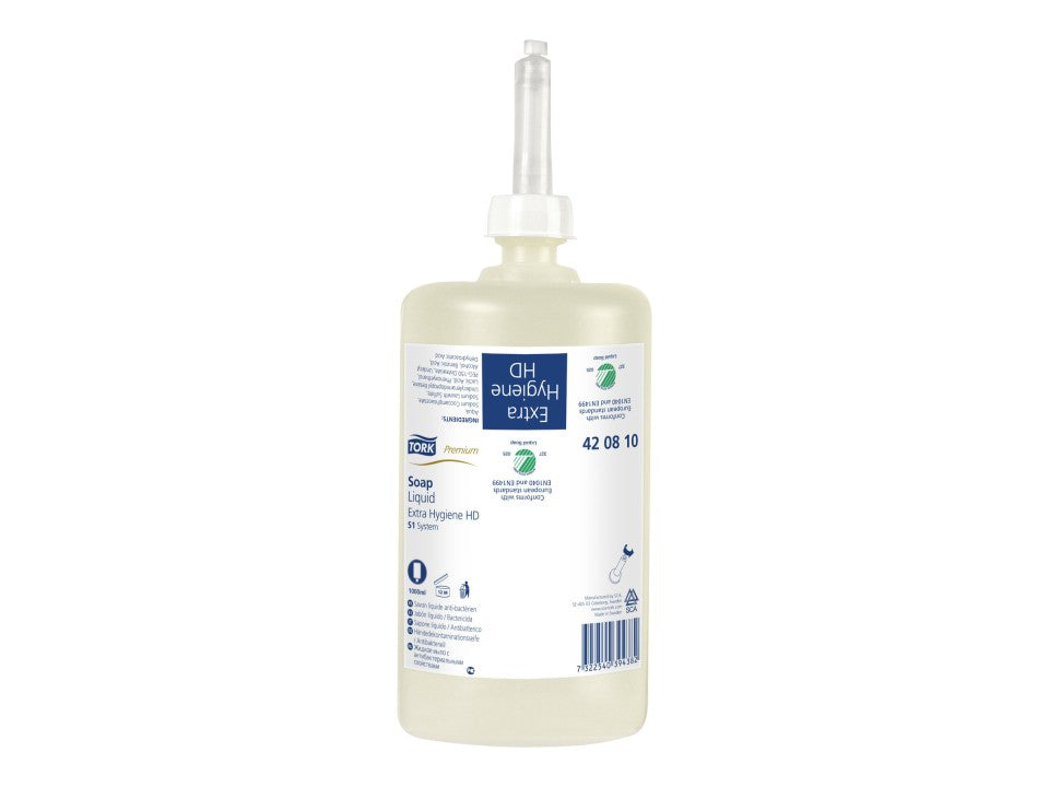 Tork S1 Premium Extra Hygiene Heavy Duty Liquid Soap Refill - 1 Liter (420810) - Pack of 6 - Ideal for Commercial Kitchens, Hospitals & High-Traffic Restrooms