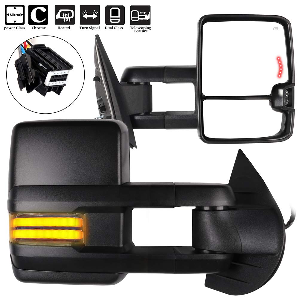 Heated Power-Adjustable Towing Mirrors for 2008-2013 Chevy Silverado & GMC Sierra - Black Cap Housing with LED Turn Signal & Running Lights - Perfect for Towing, Off-Roading & Enhanced Visibility