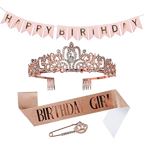 Sparkling Rhinestone Birthday Crown for Women - Elegant Birthday Girl Tiara with Sash & Brooch Clip | Perfect for Birthday Parties, Bachelorette Celebrations & Special Occasions