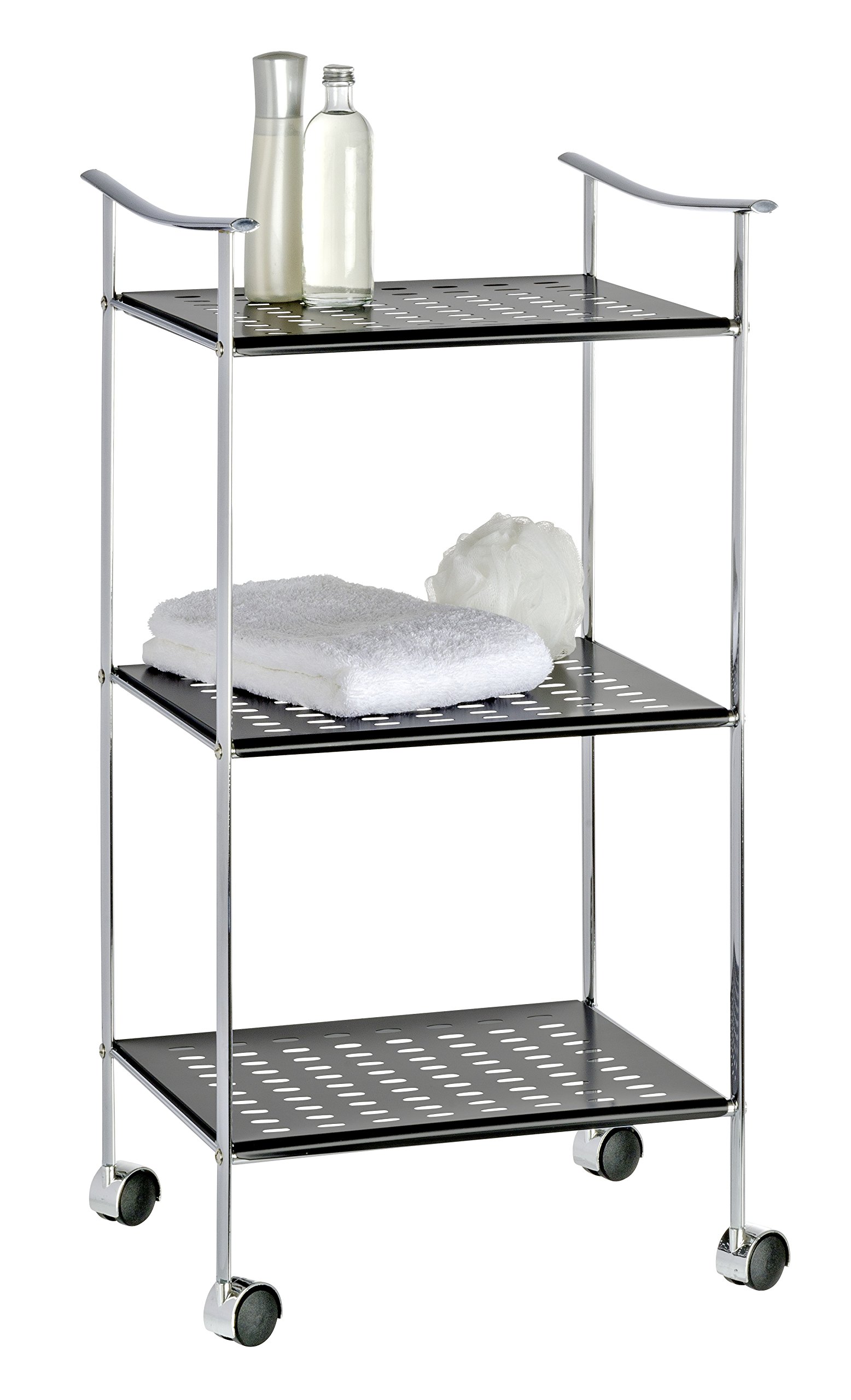 WENKO 3-Tier Rolling Bathroom Storage Cart with 3 Black Shelves - Sturdy Steel Utility Cart for Bathroom Organization (15.9