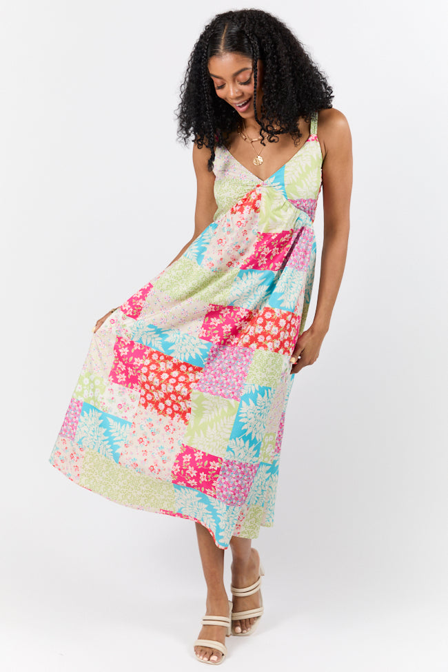 Pieces That Complete Me Multi Patchwork Babydoll Midi Dress - Floral Print Summer Dress for Women, Boho Chic Party Outfit, Beach Wedding Guest Dress