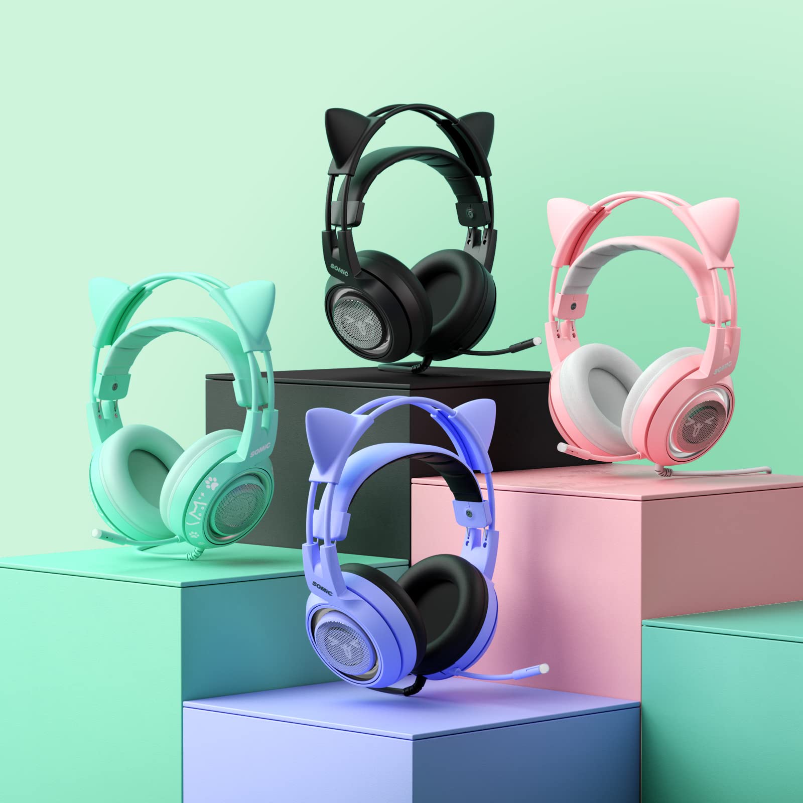 SOMiC G951S Green Cat Ear Gaming Headset with Microphone - Noise Cancelling Over-Ear Headphones for PS5, PS4, Xbox One, PC - Stereo Sound with In-Line Mic Control - Perfect for Women Gamers, Streaming & Online Classes