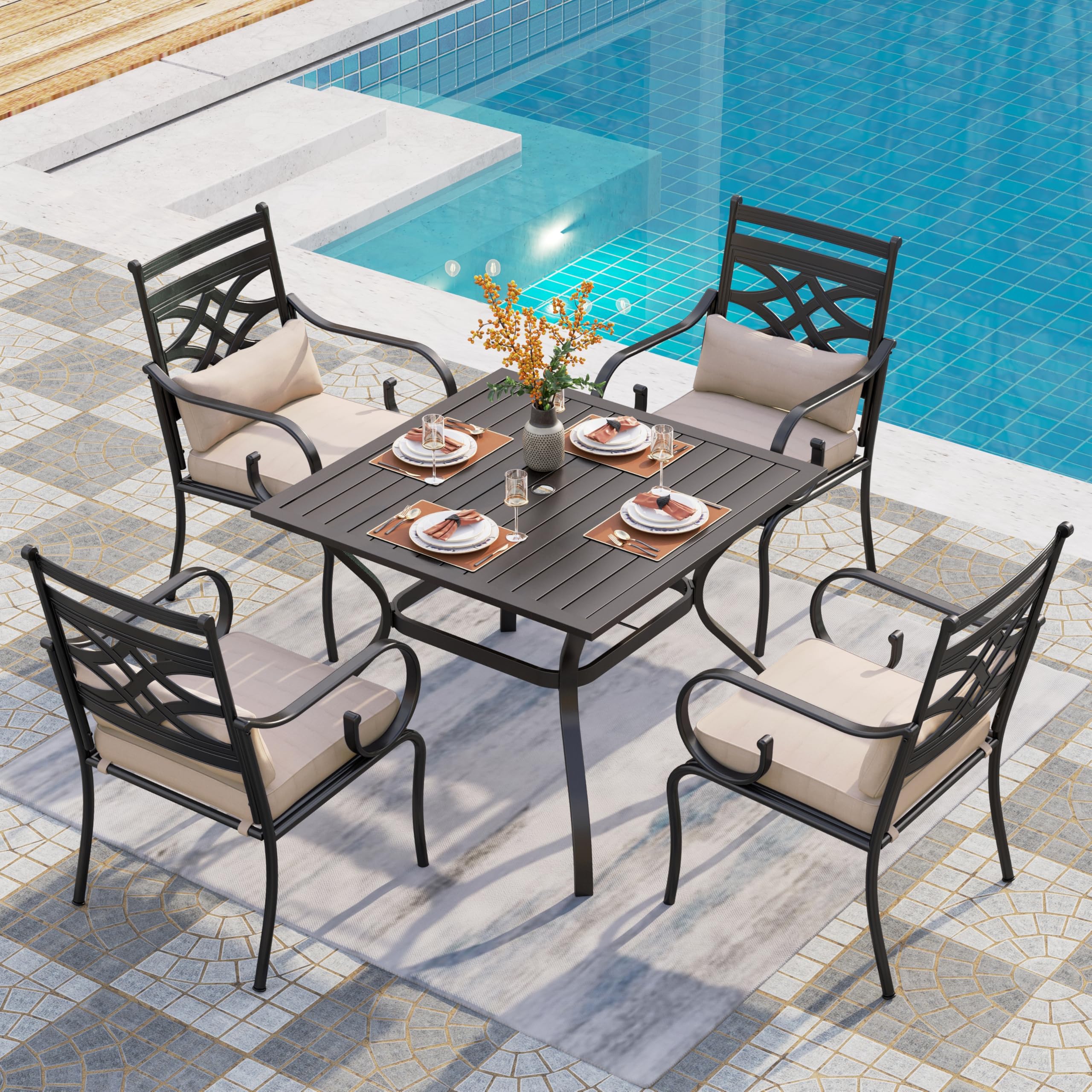 PHI VILLA 5-Piece Outdoor Patio Dining Set - 4 Chairs with Cushions & Steel Square Table - Durable Metal Frame Garden Furniture for Deck, Lawn, Backyard & Poolside Dining
