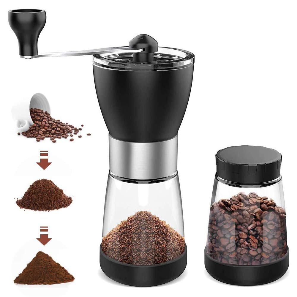 Premium Manual Coffee Grinder with Ceramic Burrs - Portable Hand Crank Mill with 2 Clear Glass Jars (5.5oz Each) & Stainless Steel Handle - Perfect for Espresso, French Press, Pour Over - Ideal for Camping, Office, Home & Travel Use