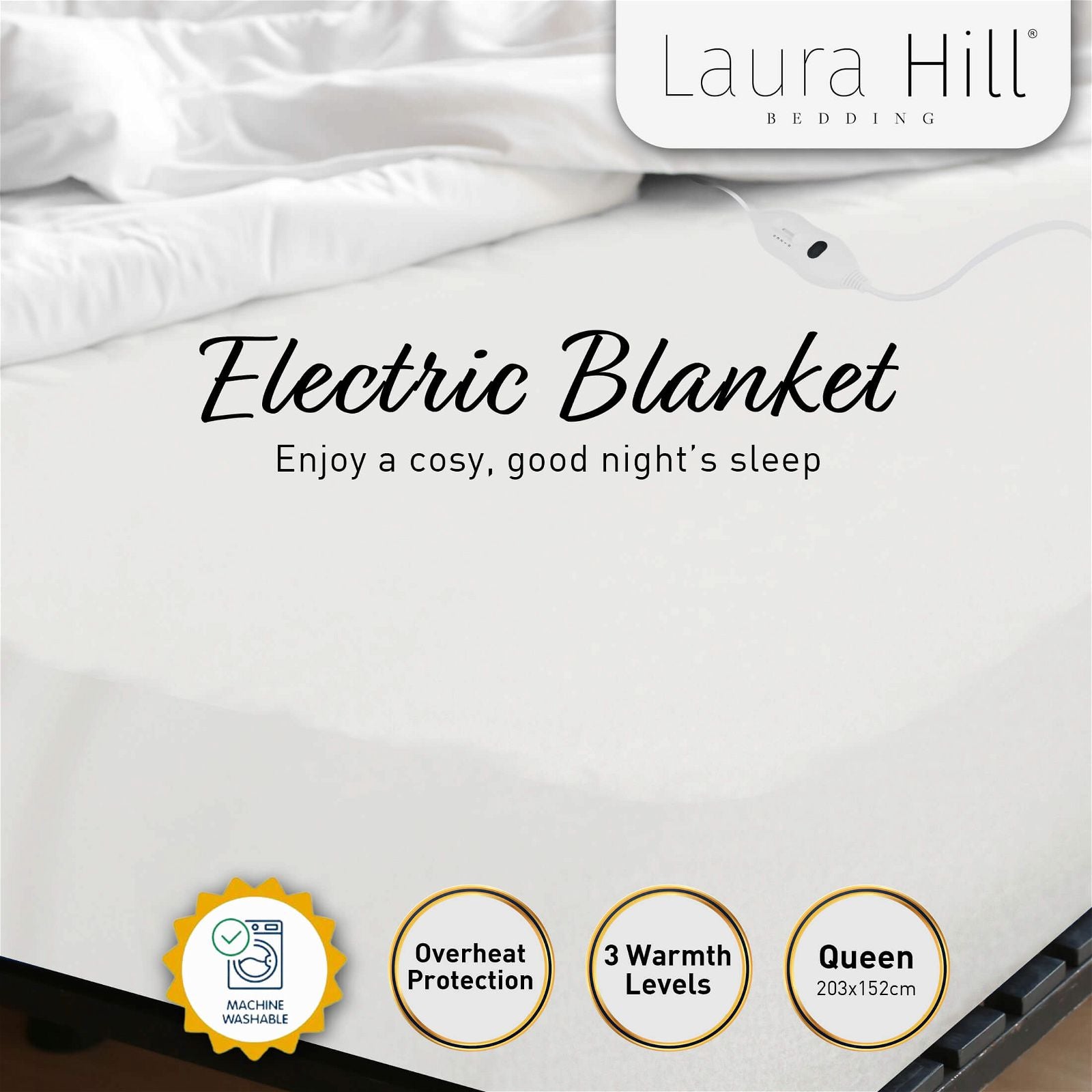 Laura Hill Electric Blanket - Queen Size Heated Underblanket with Auto Shut-Off, Ultra-Soft Winter Warming Throw for Beds - Perfect for Cold Nights & Cozy Home Comfort (White)