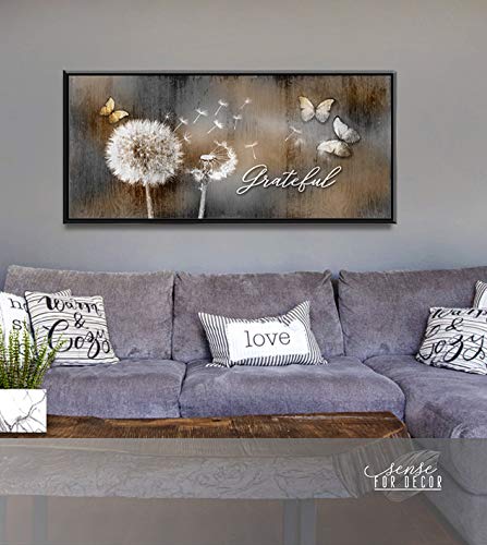 Grateful Dandelions & Butterfly Wall Art - Rustic Bedroom Decor with Floating Frame (60x27, Brown/Black) | Perfect for Boho Home Decor, Living Room Accent & Farmhouse Style Interior Design