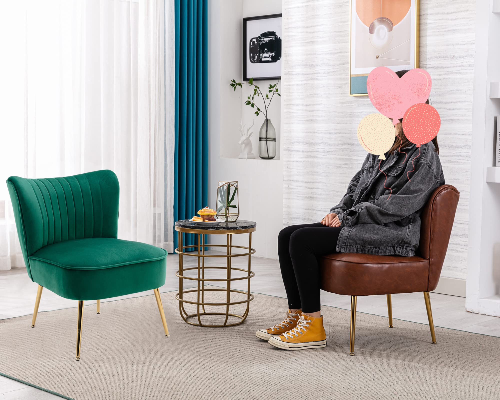 DUOMAY Modern Velvet Accent Chair Set of 2 - Green Wingback Slipper Chairs with Gold Metal Legs for Living Room, Bedroom, Entryway - Space Saving Small Corner Chairs for Apartments & Cozy Reading Nooks
