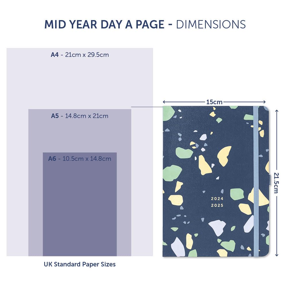 Busy B Mid Year Day a Page Diary August 2024 - August 2025 | Terrazzo A5 Daily Planner with Pen Holder, Elastic Closure & Year Planner | Perfect for Work, School & Personal Organization