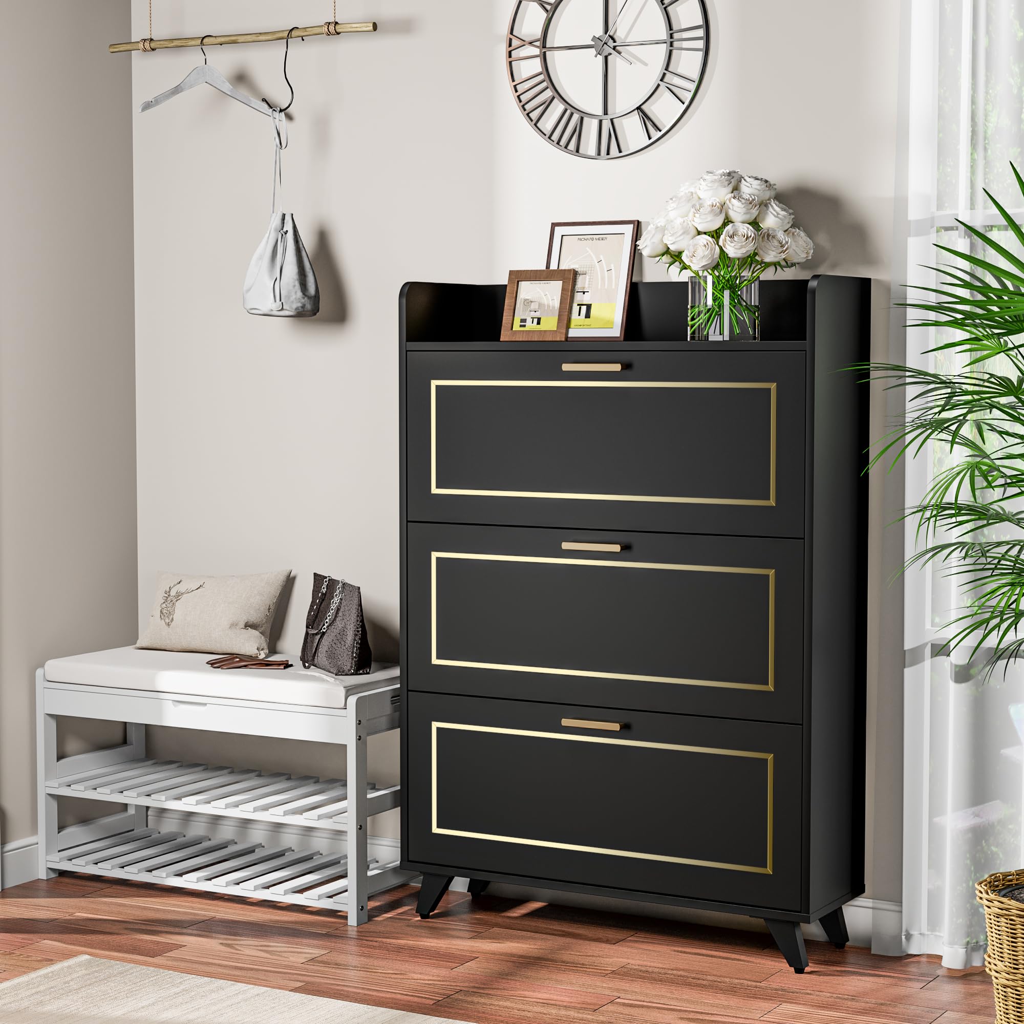 Cozy Castle Shoe Storage Cabinet - Narrow Entryway Shoe Organizer with 3 Flip Drawers & Adjustable Shelves, Black (46.5