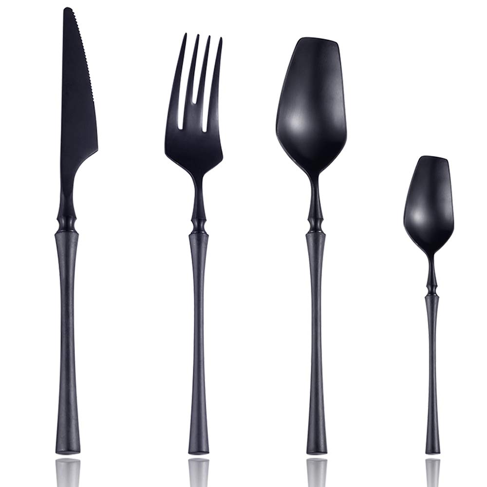 Lemeya 24-Piece 18/10 Stainless Steel Matte Black Silverware Set - Luxury Flatware Cutlery Service for 6 (Knife, Fork, Spoon) - Dishwasher Safe & Durable - Perfect for Fine Dining, Weddings, and Upscale Dinner Parties (Black)