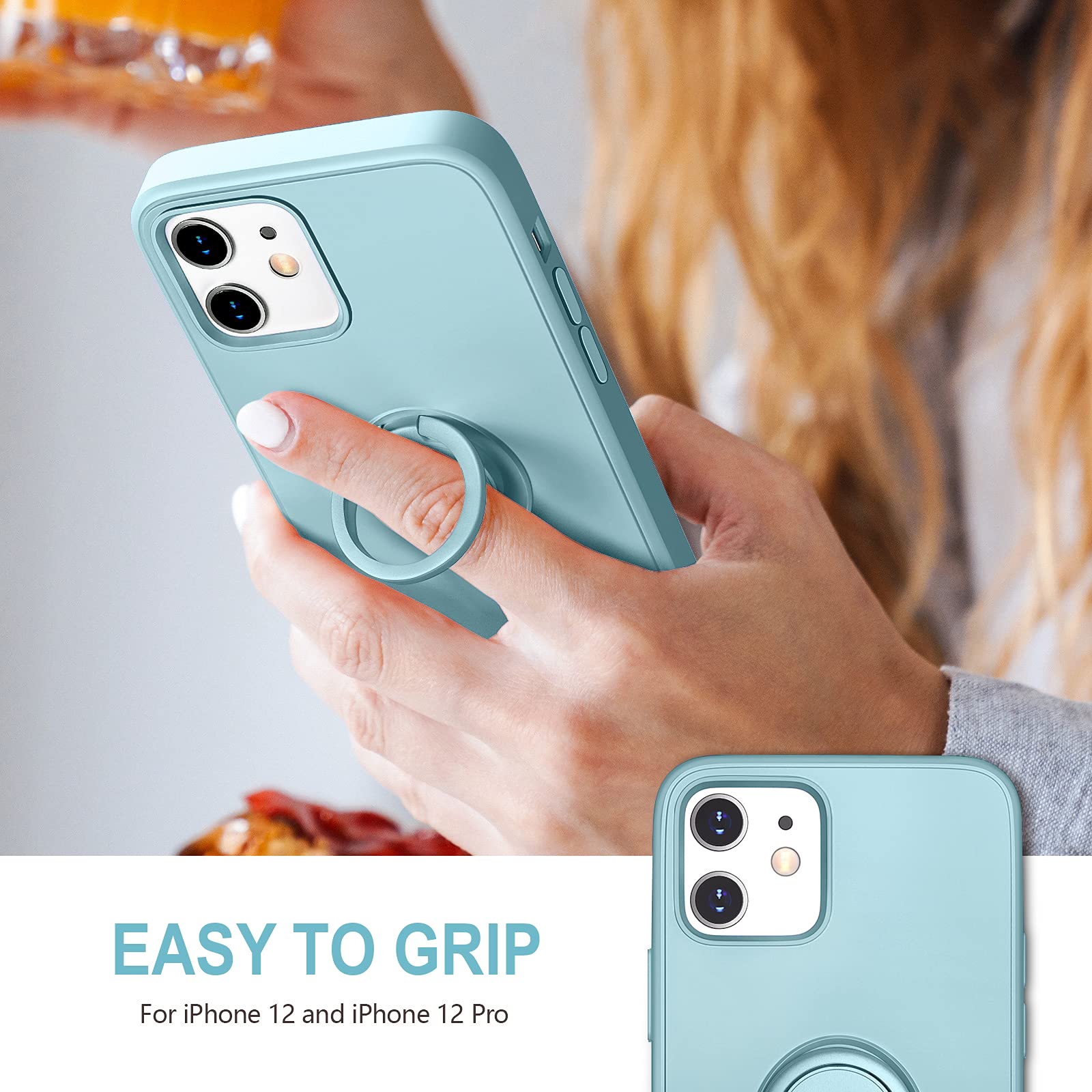 Hython Magnetic Ring Stand Case for iPhone 12 & iPhone 12 Pro - 360° Rotatable Kickstand, Shockproof Rubber Protective Cover with Microfiber Lining (Mint Green) | Perfect for Hands-Free Viewing, Gaming & Video Calls