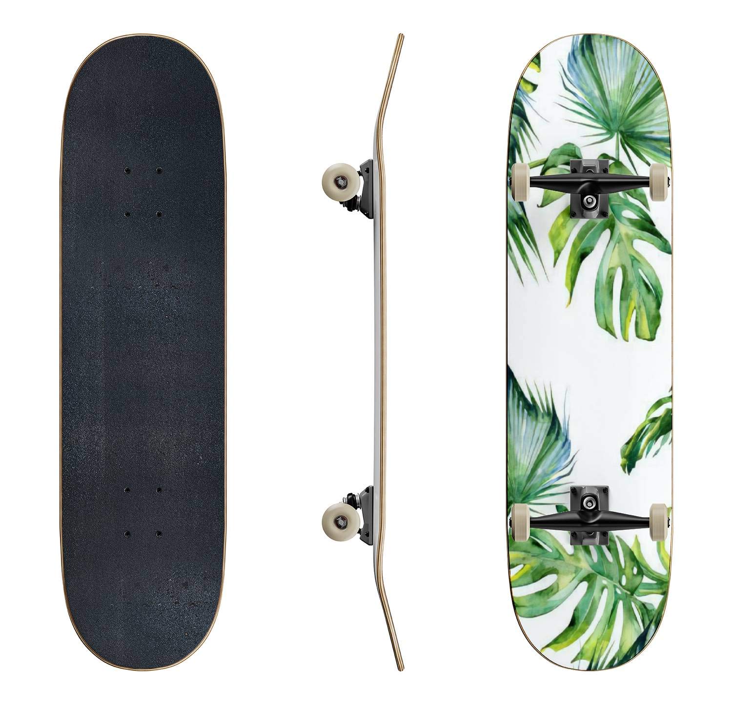 EFTOWEL Skateboard - Tropical Leaves Jungle Design, Classic Concave Deck for Beginners & Pros | Durable Longboard for Extreme Sports & Teen Gifts | Perfect for Street Skating, Commuting & Park Tricks