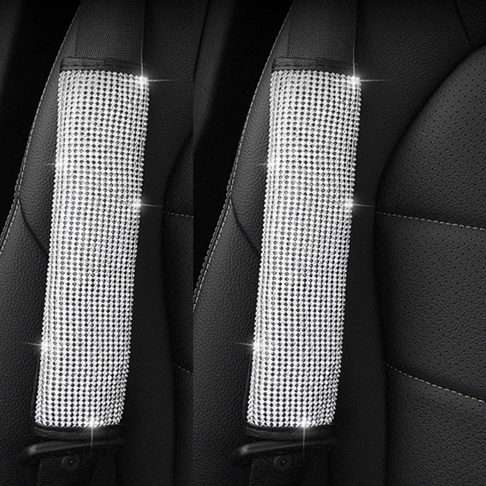 4 Pcs Crystal Diamond Seat Belt Shoulder Pads - Bling Bling Car Safety Belt Covers for Women & Girls | Sparkly Auto Accessories for Comfort & Style (White) - Perfect for Daily Commute, Road Trips & Gift Giving