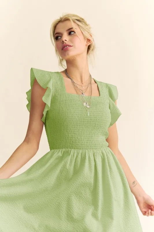 Sage Green Ruffled Cap Sleeve Smocked Mini Dress for Women | Summer Boho Chic Flowy Party Dress | Perfect for Beach Vacations, Date Nights & Outdoor Weddings