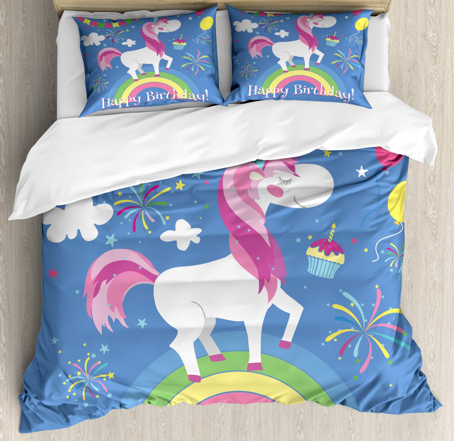 Ambesonne Unicorn Birthday Duvet Cover Set - 3 Piece Queen Size Bedding with Rainbow, Balloons & Marching Animals, Includes 2 Pillow Shams | Perfect for Kids' Room Decor, Birthday Party Theme & Fantasy Bedroom Design