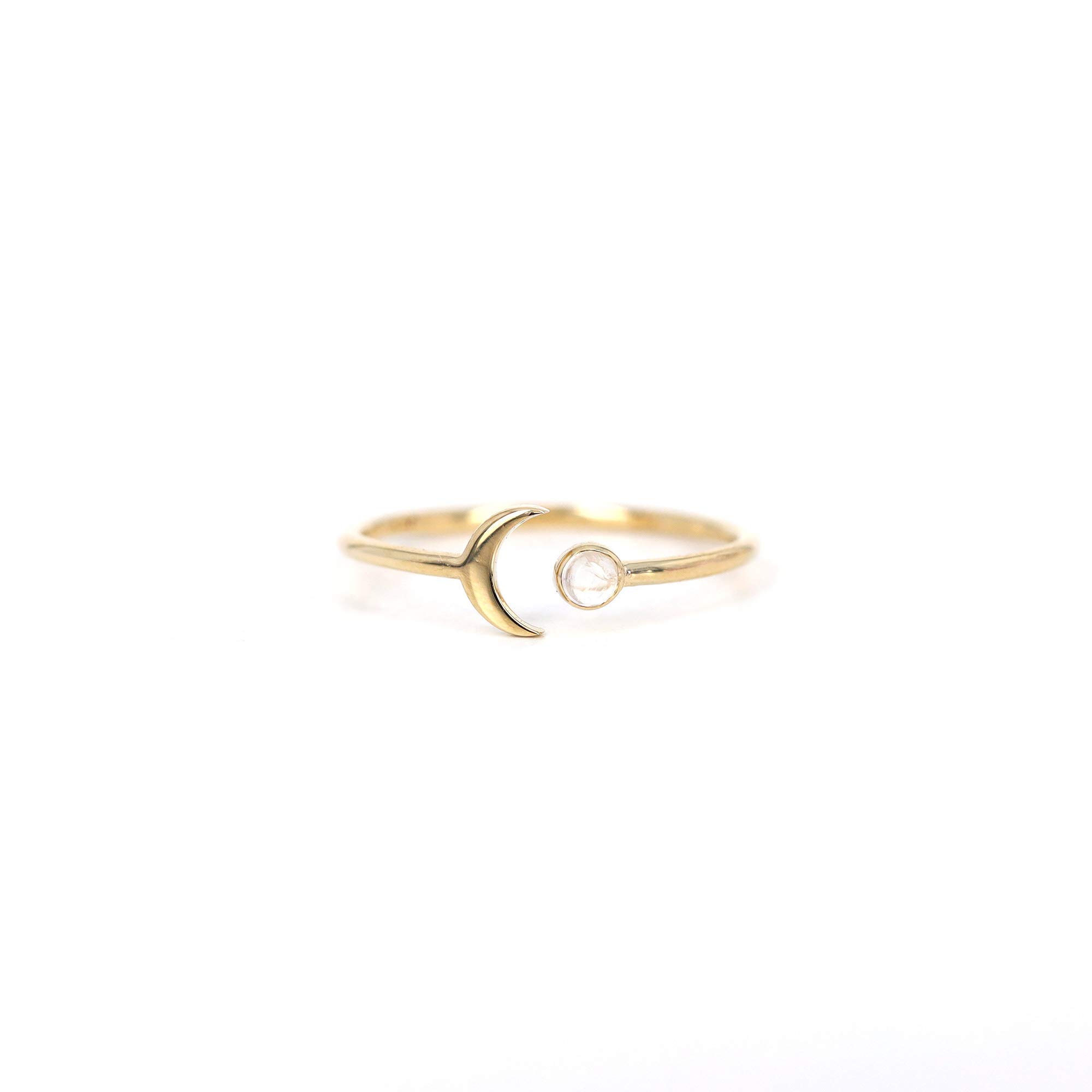 10K 14K Solid Gold Moonstone Open Ring Band - Dainty Unique Stackable Crescent Moon Ring - Natural Moonstone Jewelry for Women - Perfect for Layering, Boho Style & Everyday Wear
