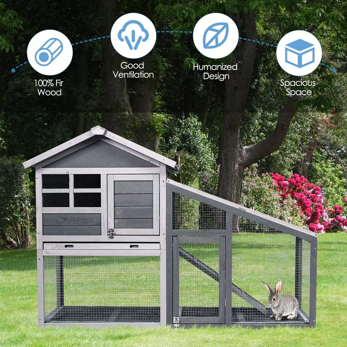 Tangkula Rabbit Hutch Indoor Outdoor - Wooden Chicken Coop Bunny Cage with Run, Ventilation Door & Removable Tray - Perfect for Backyard, Garden, or Patio Use - Great for Rabbits, Chickens & Small Pets (Gray)