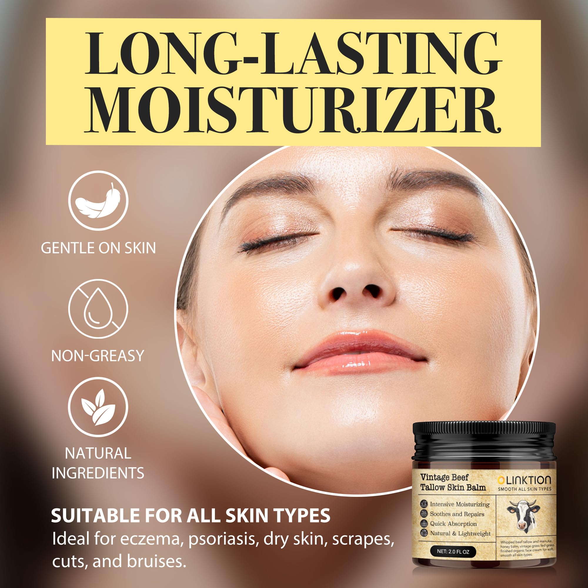 100% Grass-Fed Beef Tallow & Manuka Honey Balm for Face & Body - Organic Moisturizer with Olive Oil for Sensitive Dry Skin Repair - 2 oz - Perfect for Winter Care & Eczema Relief
