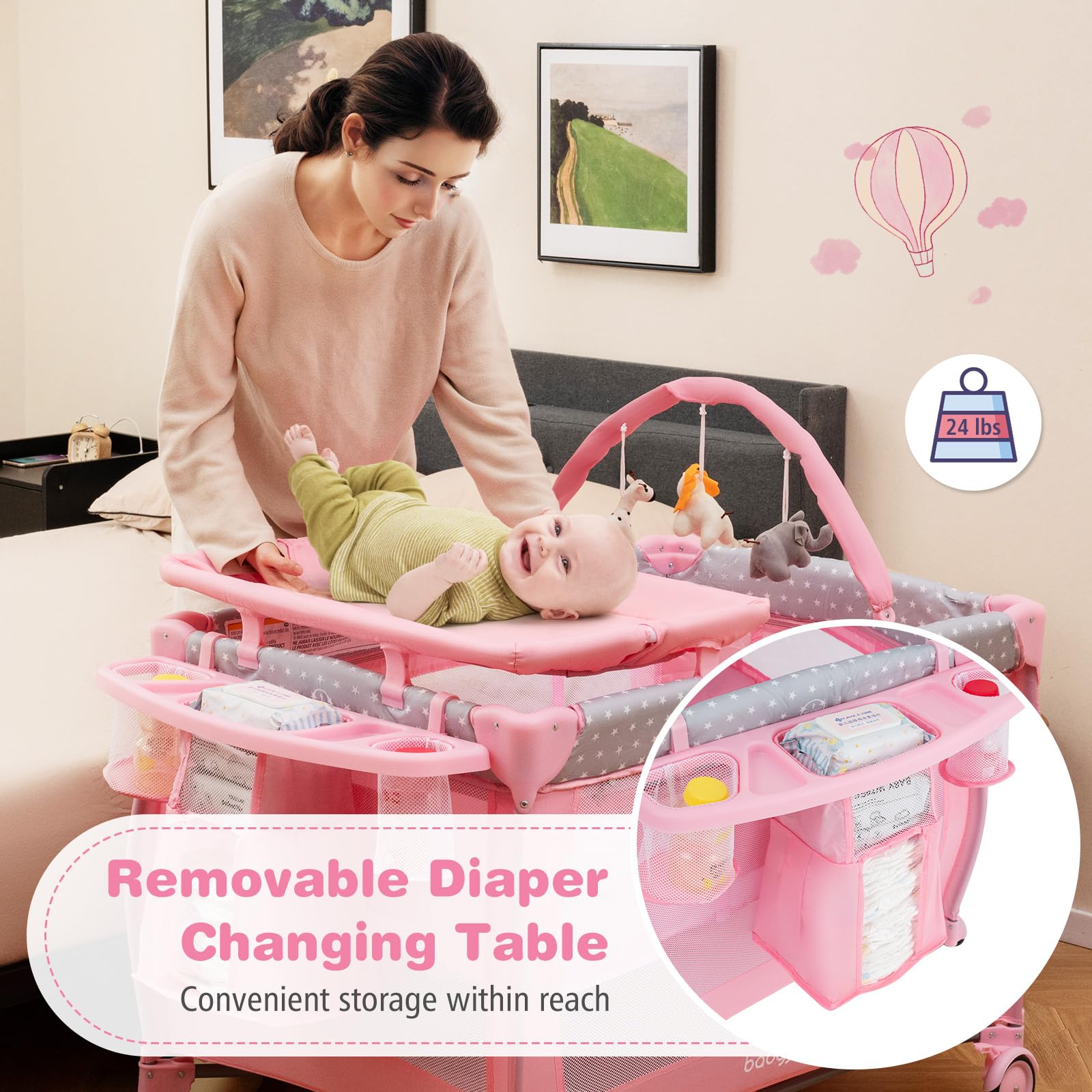 **BABY JOY 3-in-1 Portable Pack and Play with Bassinet & Changing Table - Convertible Travel Crib Playard with Brake Wheels, Newborn Napper & Large Storage Shelf - Includes Oxford Carry Bag - Perfect for Nursery, Travel & On-the-Go Parenting**