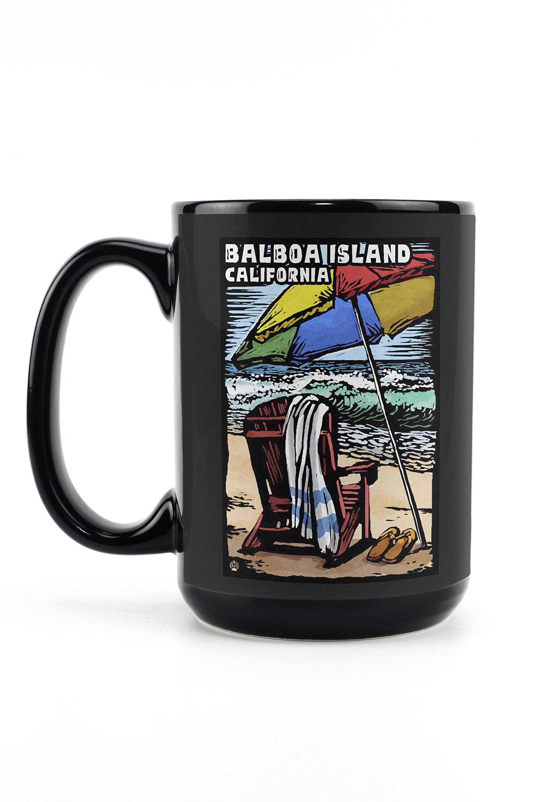 Lantern Press Balboa Island California Beach Chair Scratchboard Art - 15oz Black Ceramic Coffee & Tea Mug | Dishwasher & Microwave Safe | Perfect for Home, Office & Outdoor Use