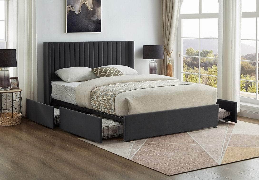 Yorkton Grey Velvet Wingback Platform Bed with 4 Storage Drawers - Queen & King Size - Luxurious Upholstered Bed Frame for Master Bedroom or Guest Room