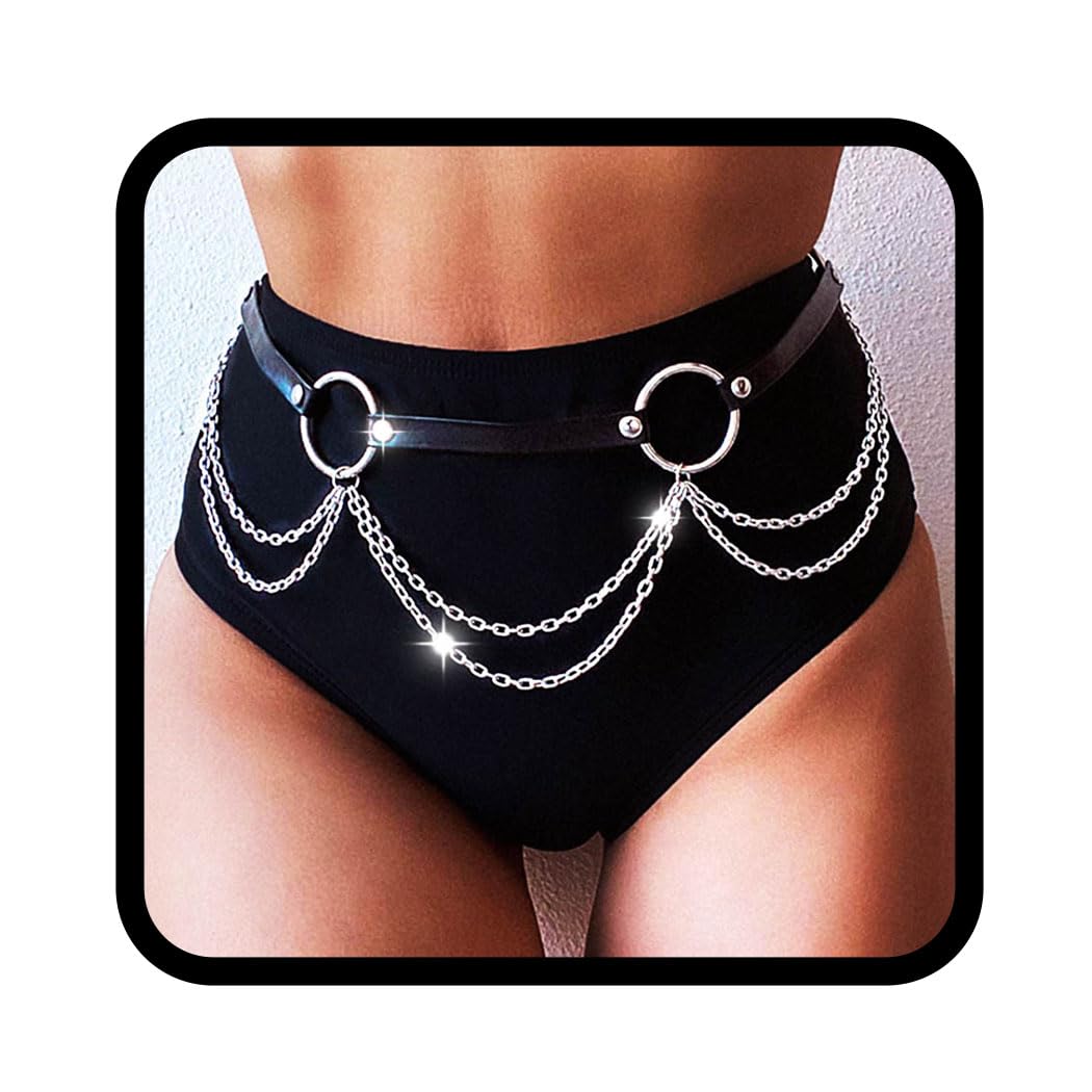 Flovel Punk Leather Waist Chain - Black Layered Body Chain Belt for Women | Gothic Rave Body Jewelry | Perfect for Music Festivals, Cosplay & Nightclubs