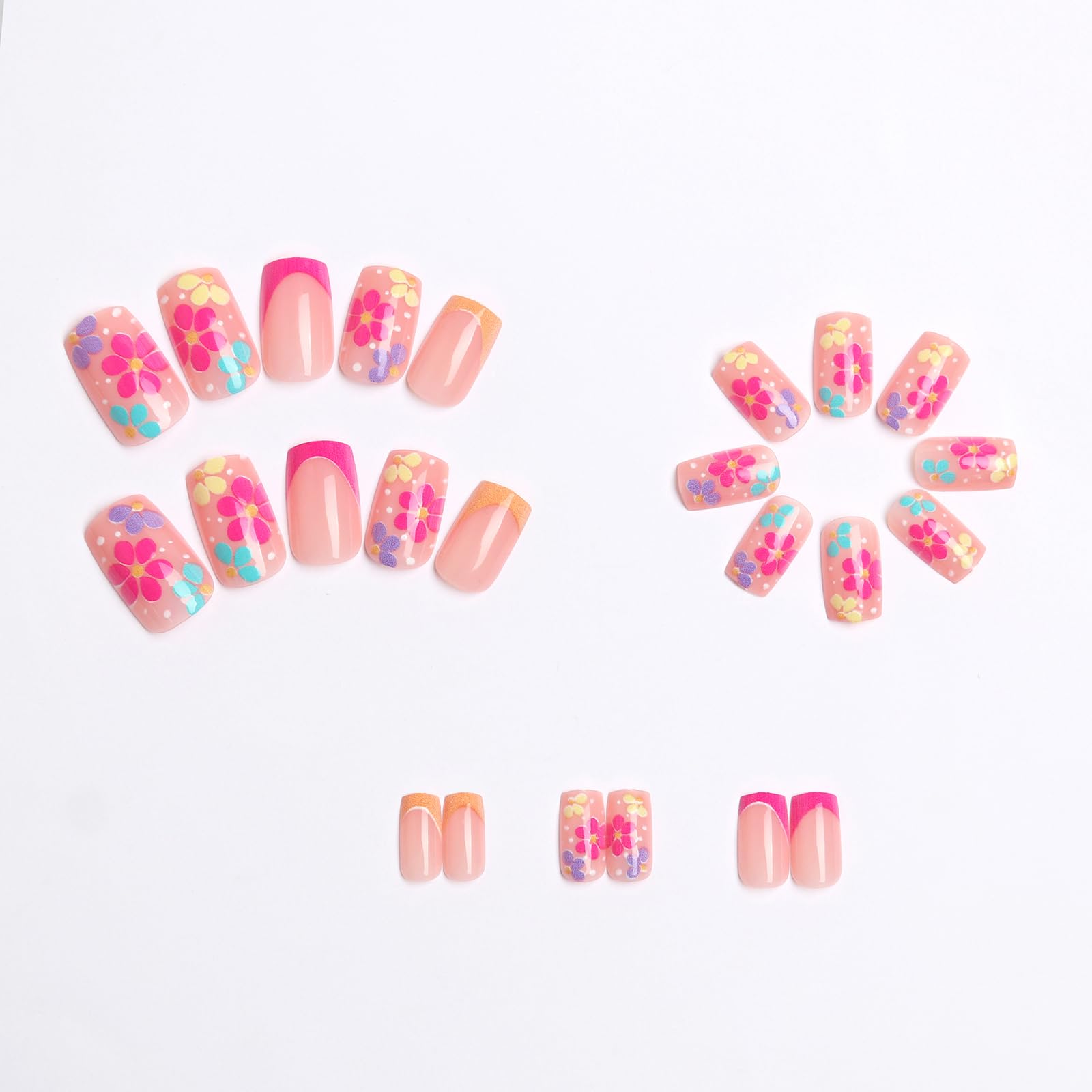 Pink Orange French Tip Press on Nails with Floral Design - Medium Square Fake Nails for Women - 24Pcs Acrylic Manicure Kit - Spring Summer Nail Art for Parties, Weddings & Daily Wear