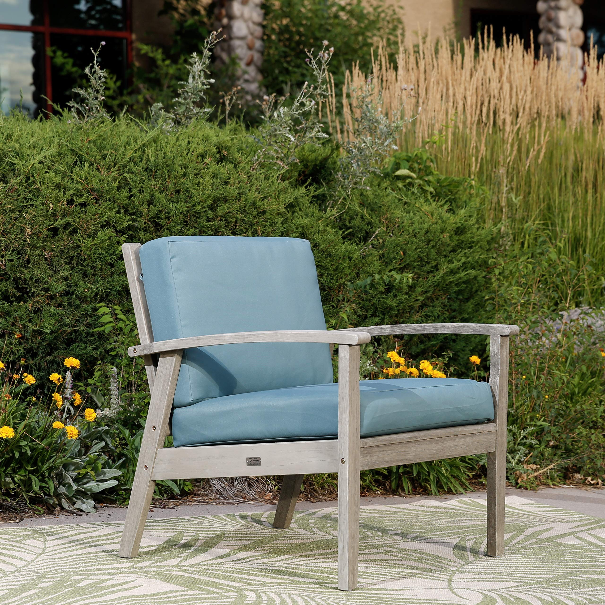 DTY Outdoor Living Longs Peak Deep Seat Eucalyptus Chair - Driftwood Gray Finish with Sage Cushions | Patio, Garden, Poolside & Backyard Relaxation Furniture