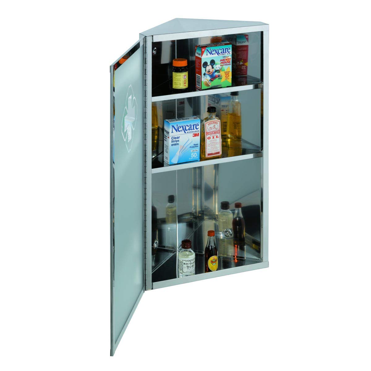 Renovators Supply Infinity Corner Medicine Cabinet with Mirror - Triple Shelf Storage, Modern Wall Mount Bathroom Cabinet - 23.6 Inch Right Opening Polished Stainless Steel (1 Pack) - Perfect for Small Bathrooms, Vanity Storage & Space-Saving Solutions