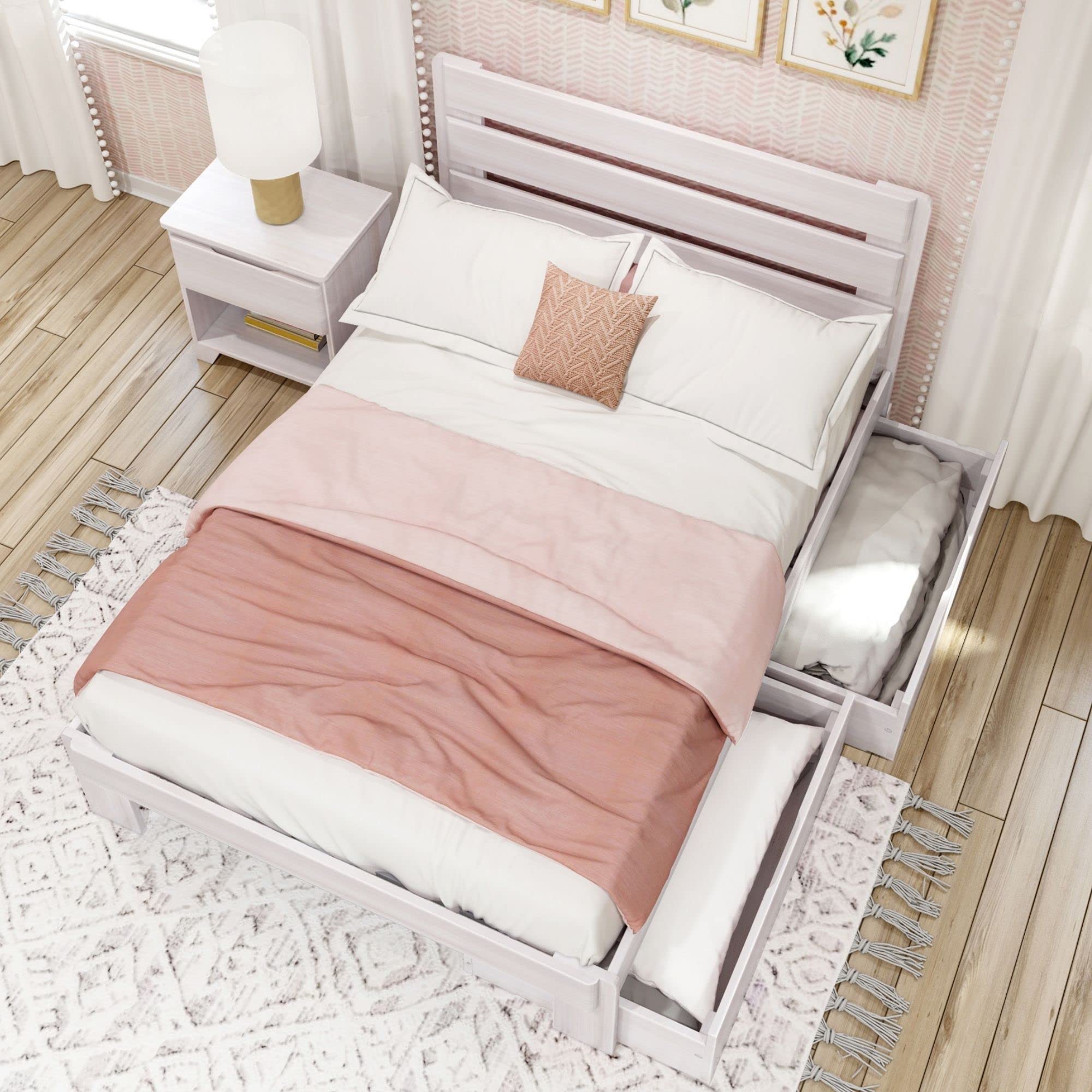 Modern Farmhouse Full Bed with Plank Headboard & Storage Drawers - White Wash Finish | Rustic Bedroom Furniture for Kids, Teens & Guest Rooms | Durable Solid Wood Frame for Cozy Home Decor