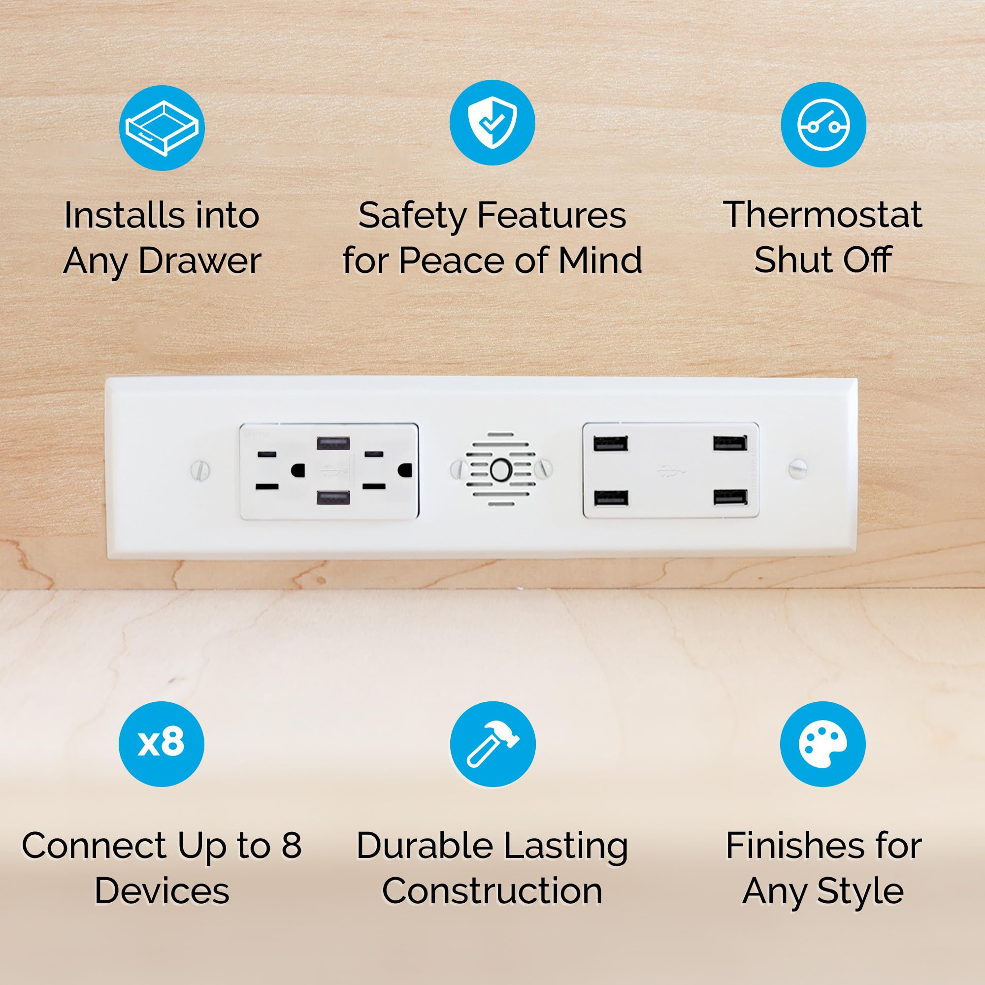 Docking Drawer Blade Duo In-Drawer Outlet with 6 USB-A Ports & 2 15A AC Outlets - Built-in Safety Shutoff, Stainless Steel - Perfect for Kitchen, Office & Workshop Organization